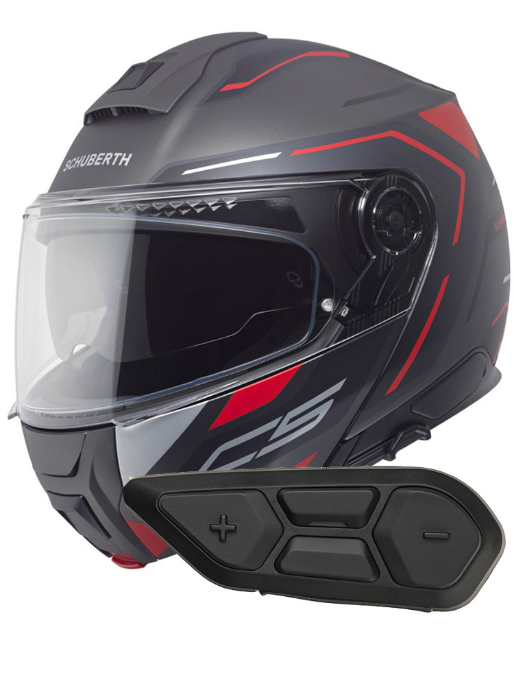 Zestaw: kask szczękowy Schuberth C5 Omega czarno-szaro-czerwony + dedykowany interkom motocyklowy