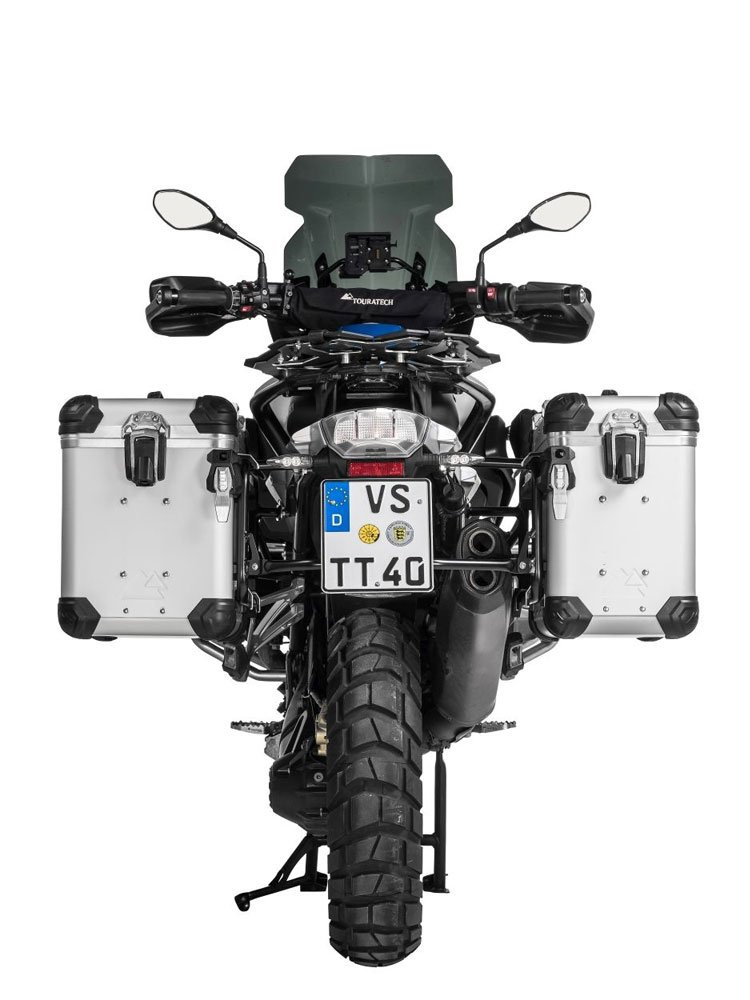 Zestaw: kufry boczne z anodowanego aluminium srebrne "And-S" Zega Evo + stelaże czarne Touratech BMW R1250GS/ R1250GS Adventure/ R1200GS (13-)/ R1200GS Adventure (14-) (38+45L)