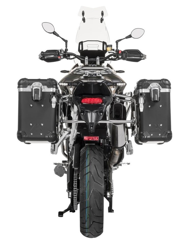 Zestaw: kufry boczne z anodowanego aluminium czarne "And-Black" Zega Evo + stelaże srebrne Touratech Triumph Tiger 900 Rally / Pro / GT / GT Pro (20-) (31+38L)