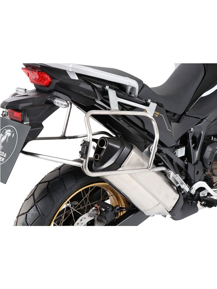Zestaw: kufry boczne + stelaże Hepco&Becker Xplorer Cutout do Hondy CRF 1100 L Africa Twin Adventure Sports (20-23) (kufry srebrne, stelaż srebrny)