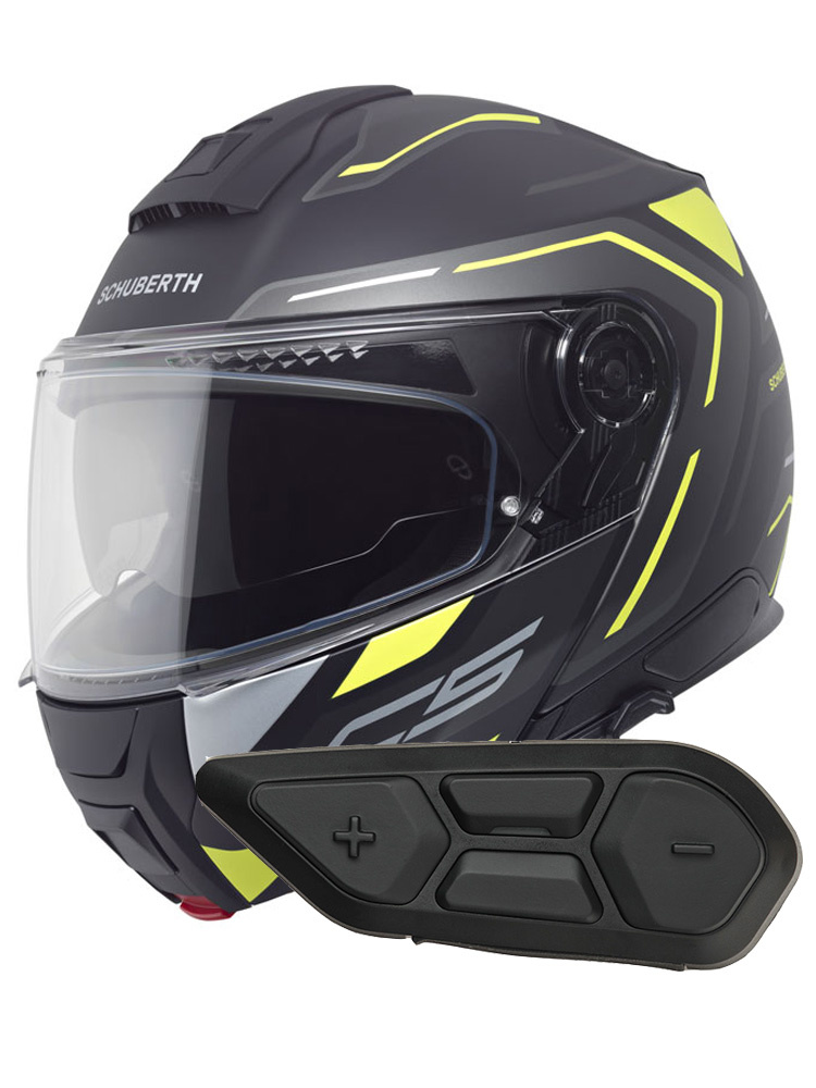 Zestaw: kask szczękowy Schuberth C5 Omega czarno-biało-żółty + dedykowany interkom motocyklowy