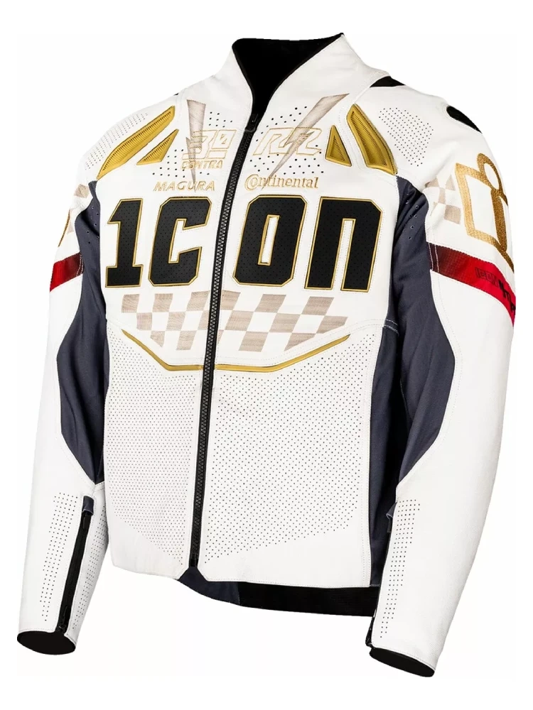 Kurtka motocyklowa skórzana Icon Contra3 Rizz Rizz biało-czarno-żółta