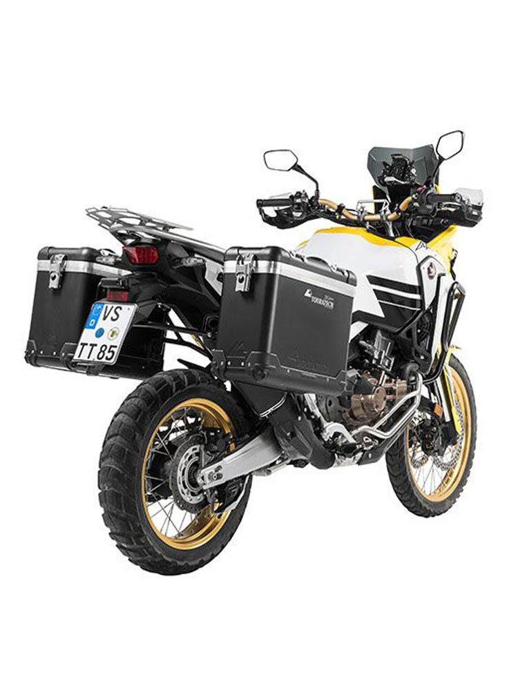 Zestaw: kufry boczne z anodowanego aluminium czarne Zega Pro + stelaże czarne Touratech Honda CRF1000L Africa Twin (18-22) /CRF1000L Adventure Sports (31+38L)
