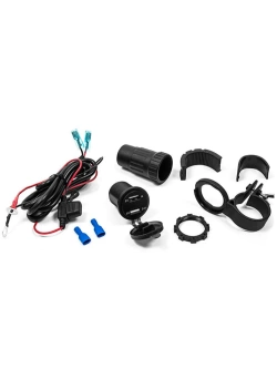 Podwójne gniazdo USB z podświetleniem i woltomierzem + adapter Biketec mocowane do kierownicy czarne