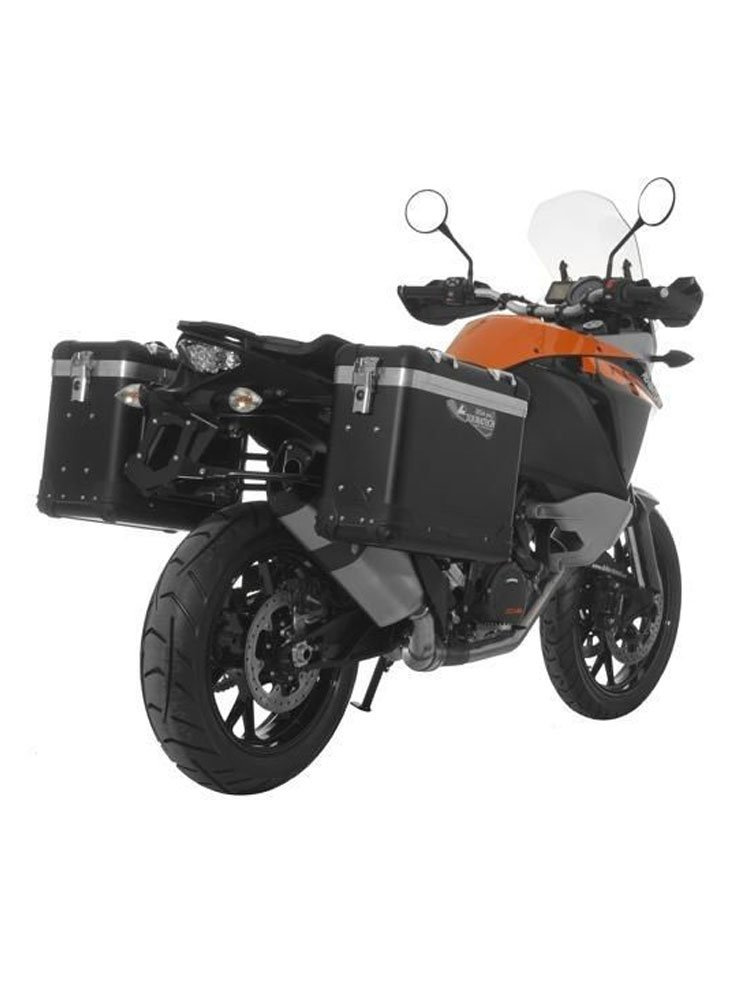 Zestaw: kufry boczne z anodowanego aluminium czarne Zega Pro + stelaże czarne Touratech KTM 1050 Adventure/ 1090 Adventure/ 1290 Super Adventure (-20)/1190 Adventure/R (31+38L)