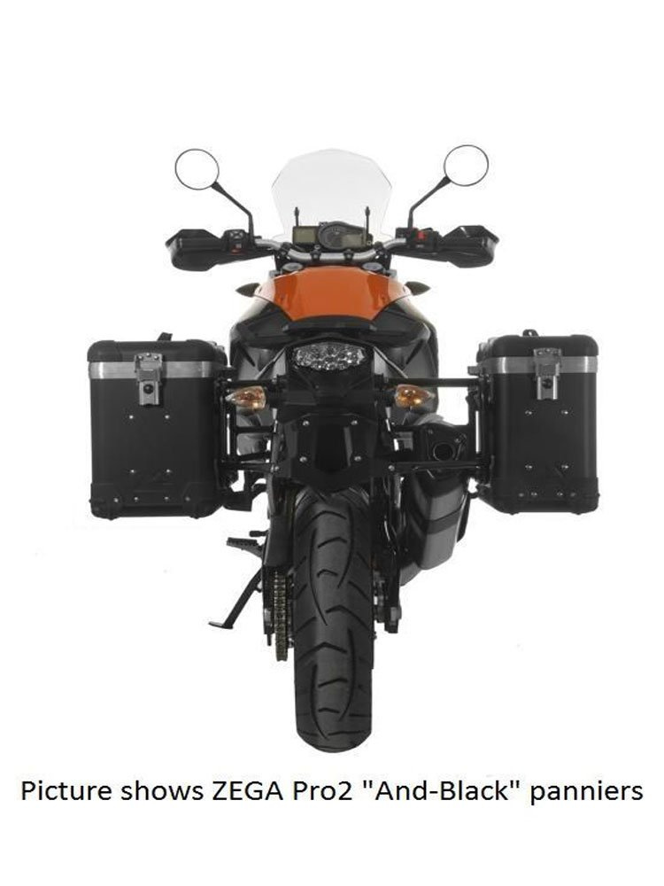 Zestaw: kufry boczne z anodowanego aluminium czarne Zega Pro + stelaże czarne Touratech KTM 1050 Adventure/ 1090 Adventure/ 1290 Super Adventure (-20)/1190 Adventure/R (31+38L)