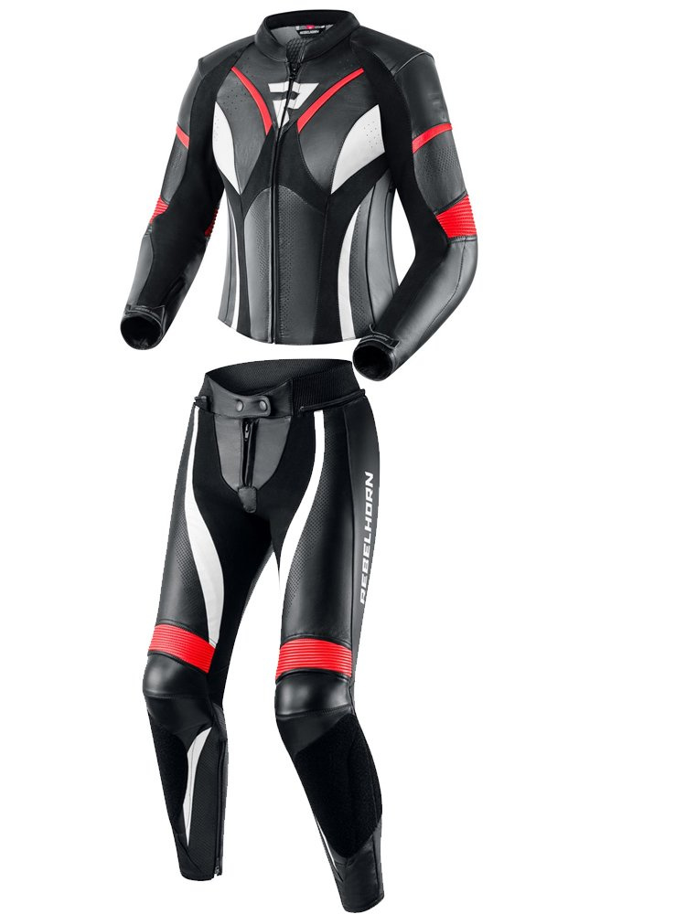 Kombinezon motocyklowy damski dwuczęściowy Rebelhorn Rebel czarno-fluo czerwono-biały
