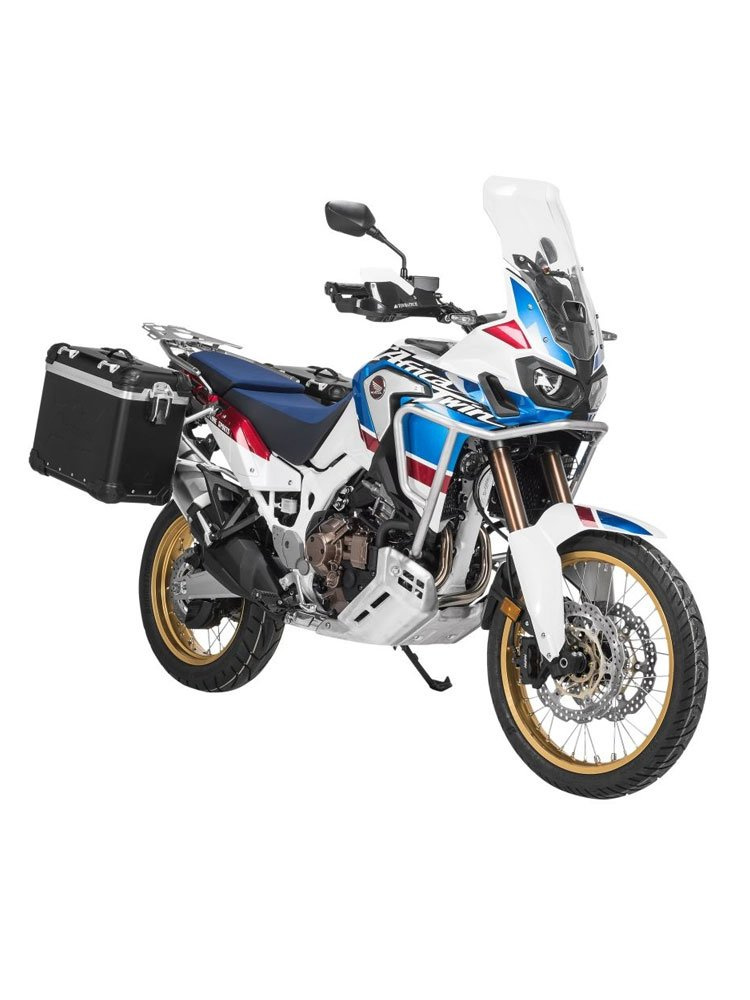 Zestaw: kufry boczne z anodowanego aluminium czarne "And-Black" Zega Evo + stelaże srebrne Touratech Honda CRF1000L Africa Twin (18-) / CRF1000L Adventure Sports (38+45L)
