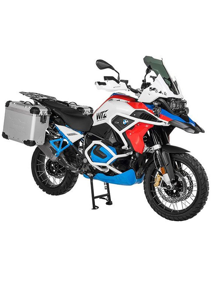 Zestaw: kufry boczne z anodowanego aluminium srebrne Zega Evo X + stelaże czarne Touratech BMW R1250GS/Adventure/ R1200GS (13-21)/ R1200GS Adventure (14-21) (2 x 38L)