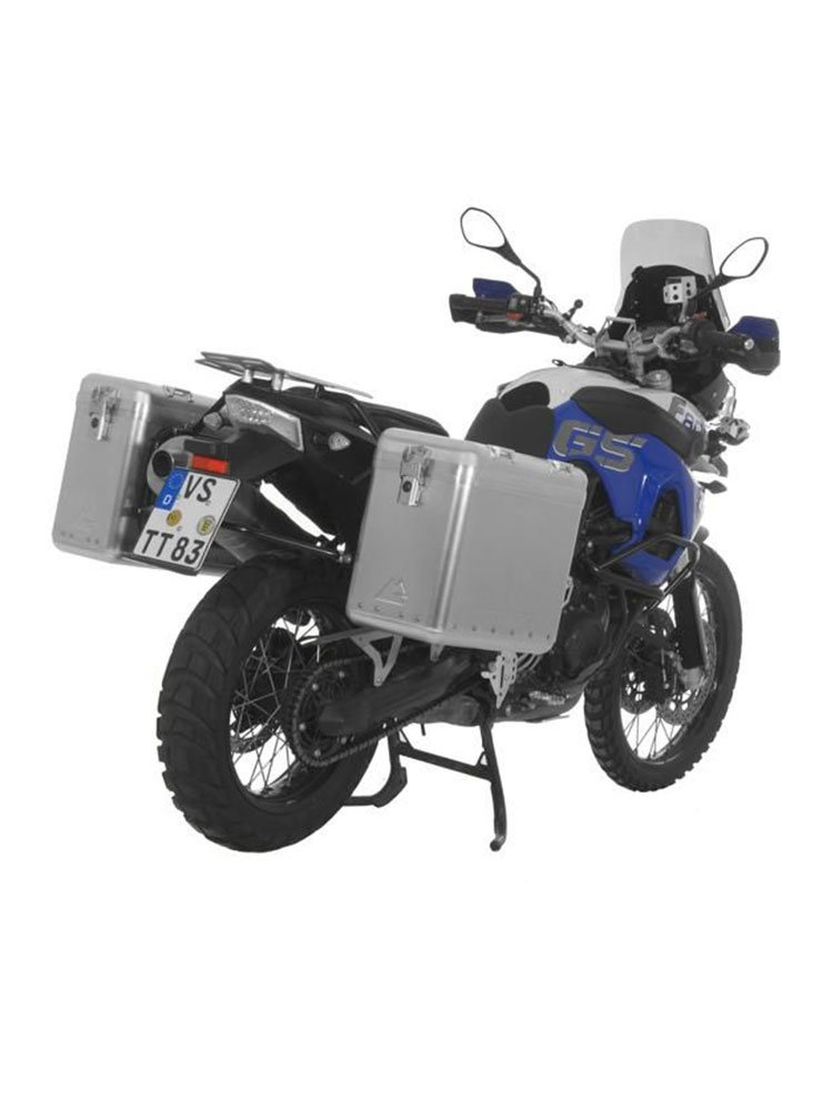 Zestaw: kufry boczne srebrne Zega Mundo + stelaże czarne Touratech BMW F800GS/F700GS/F650GS (Twin) (31+38L)