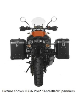 Zestaw: kufry boczne z anodowanego aluminium czarne Zega Pro + stelaże czarne Touratech KTM 1050 Adventure/ 1090 Adventure/ 1290 Super Adventure (-20)/1190 Adventure/R (31+38L)