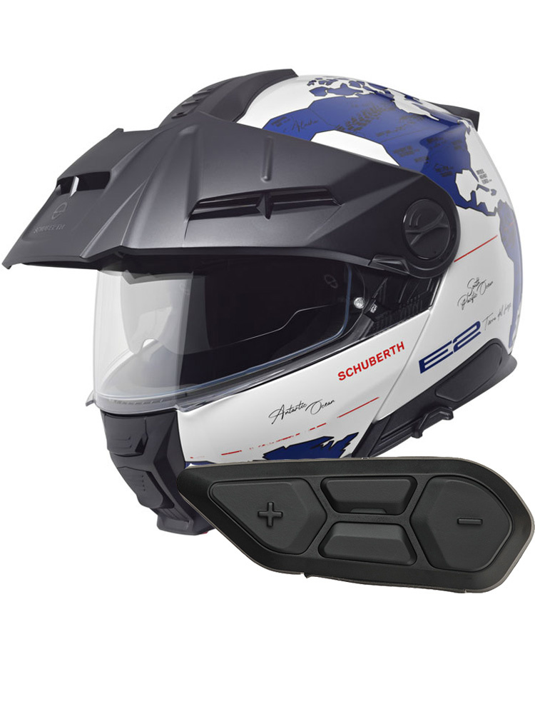 Zestaw: kask szczękowy Schuberth E2 Atlas biało-niebieski + dedykowany interkom motocyklowy