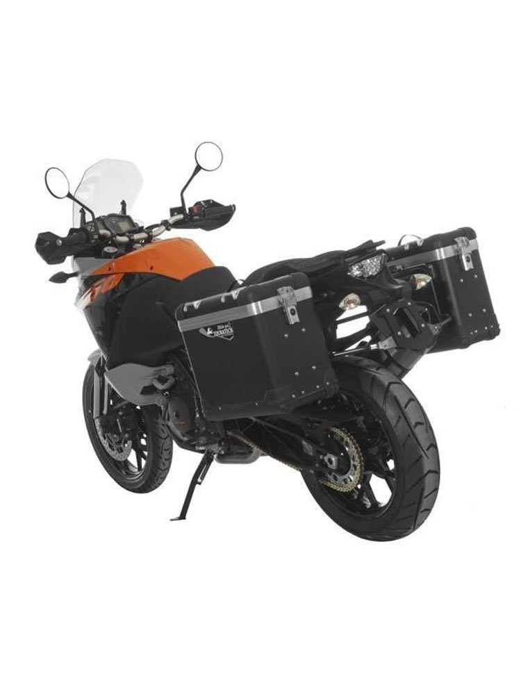 Zestaw: kufry boczne z anodowanego aluminium czarne Zega Pro + stelaże czarne Touratech KTM 1050 Adventure/ 1090 Adventure/ 1290 Super Adventure (-20)/1190 Adventure/R (31+38L)