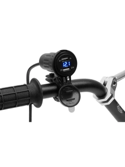 Podwójne gniazdo USB z podświetleniem i woltomierzem + adapter Biketec mocowane do kierownicy czarne