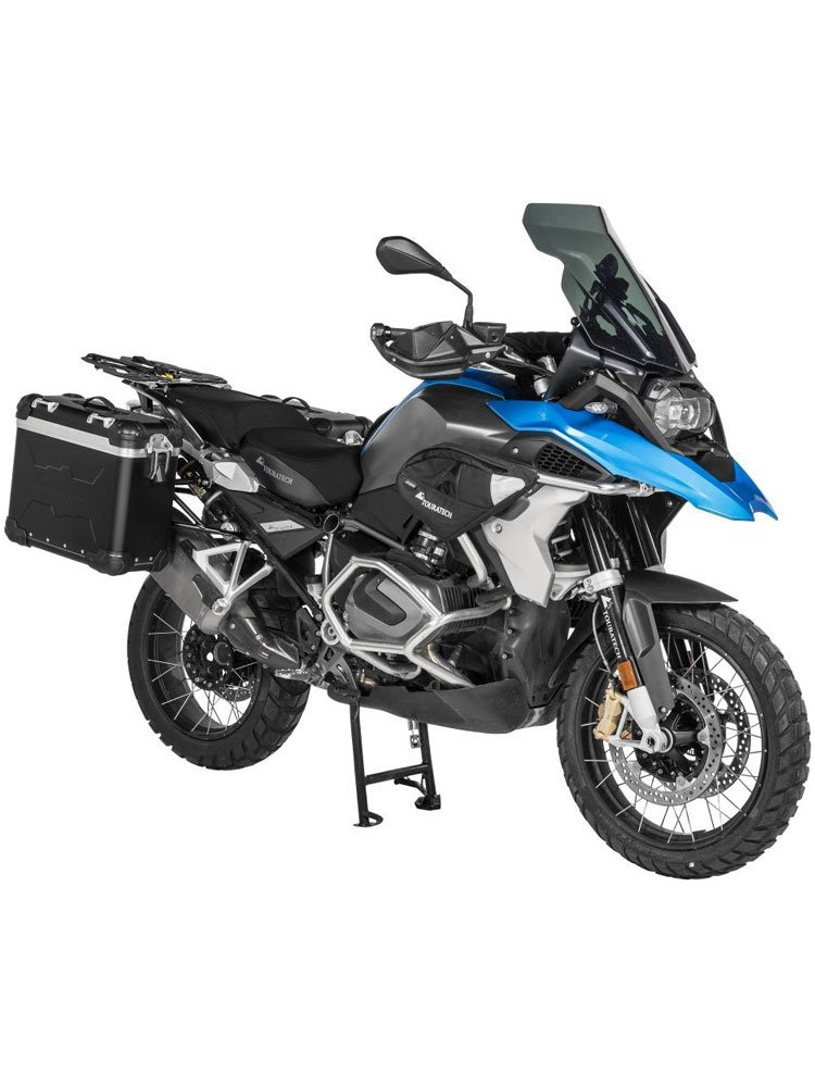 Zestaw: kufry boczne z anodowanego aluminium czarne "And-Black" Zega Evo + stelaże czarne Touratech BMW R1250GS/ R1250GS Adventure/ R1200GS (13-21)/ R1200GS Adventure (14-21) (31+38L)
