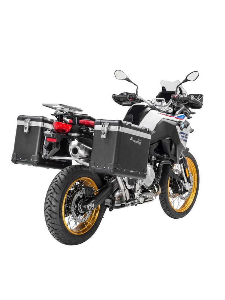 Zestaw: kufry boczne z anodowanego aluminium czarne Zega Pro + stelaże srebrne Touratech BMW F850GS/ Adventure/ F750GS/ F900GS Adventure/ F800GS (24-) (38+45L)
