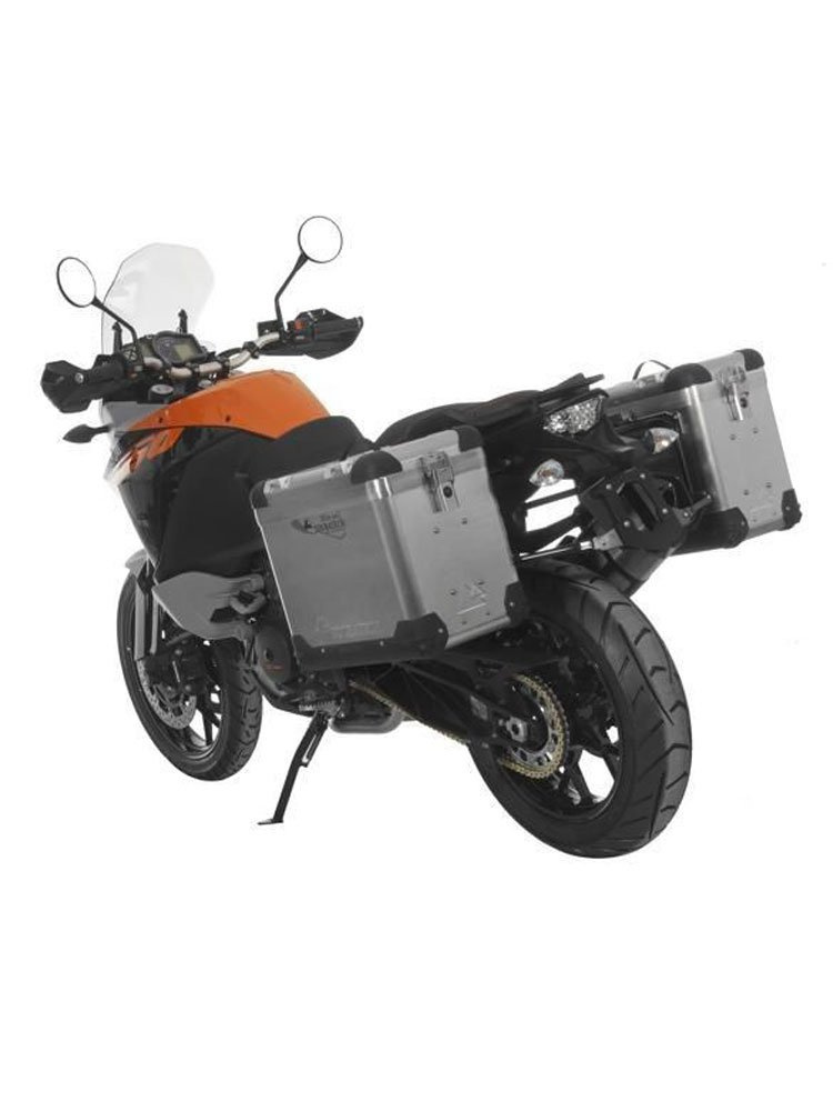 Zestaw: kufry boczne aluminiowe srebrne Zega Pro + stelaże czarne Touratech KTM 1050 Adventure/ 1090 Adventure/ 1290 Super Adventure (-20)/1190 Adventure/R (38+45L)