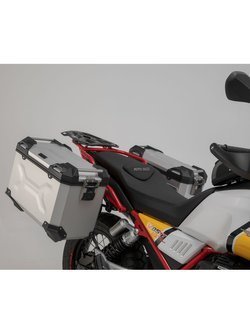 Zestaw: kufry boczne 45/37L + kufer centralny 38L TRAX ADV+ stelaże SW-MOTECH do motocykla Moto Guzzi V85 TT (19-) srebrne